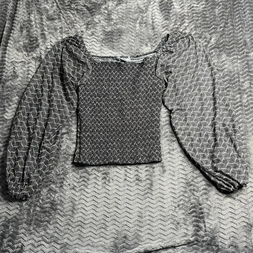Anthropologie Rouen Top Gray Black Smocked Sheer Long Sleeve Blouse Size M